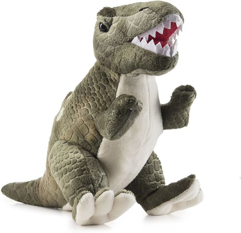 Pluszowa zabawka zielony tyranozaur z długimi spiczastymi zębami Pluszowa zabawka dinozaura wykonana z wytłaczanego pluszu strzyżącego